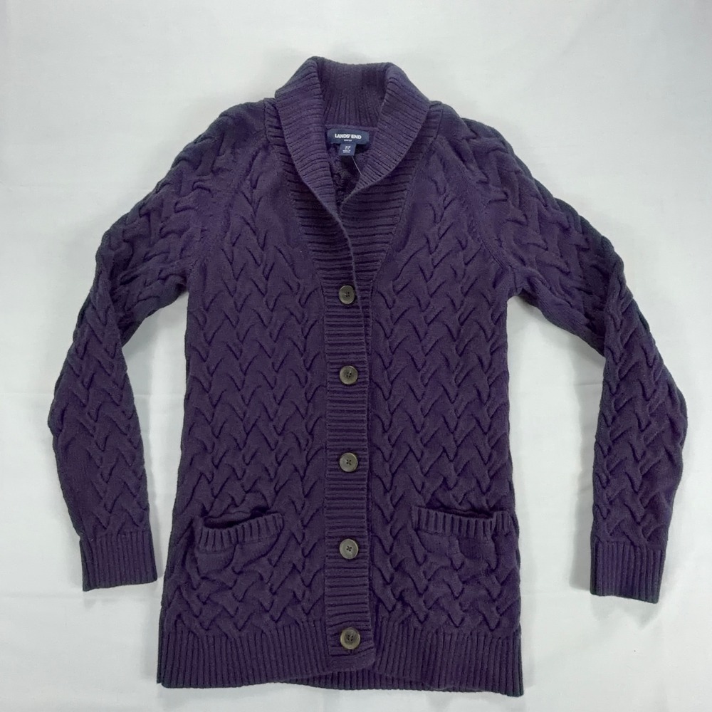 Lands End Womens Cable Knit Shawl Collar Cardigan Sweater Purple Size Medium